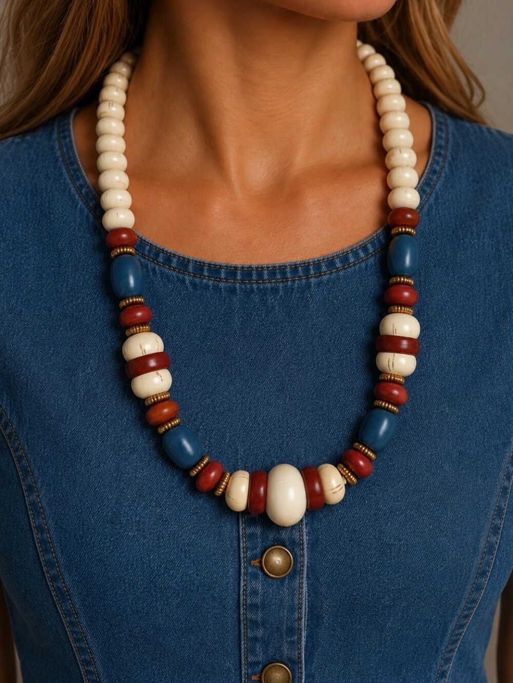Blue Cream Brick Lucite Acrylic Beaded Vintage Necklace Muted Patriotic Colors